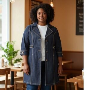 90's Vintage Baccini Denim Jacket Dark Wash Pleated Back 3/4 Sleeve Womens Large